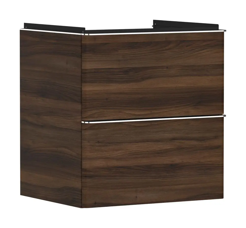 Waschtischunterschrank aus Holz mit zwei Schubkästen, entworfen von Hansgrohe, in dunkler Nussbaumfarbe. Schlichte Formgebung ohne sichtbare Griffe.